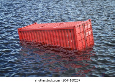 Shipping cargo container lost in the sea or ocean. Cargo isurance concept. 3d illustration
