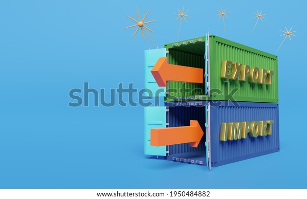 shipping container with arrow for import export,\
logistic service concept isolated on blue background. 3d\
illustration or 3d rendering\
