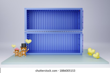 Shipping Container Empty And Heart With Podium And Teddy Bear In Gray Composition For Modern Stage Display And Minimalist Mockup, Valentine's Day Background. Concept 3d Illustration Or 3d Render