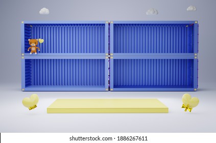 Shipping Container Empty And Heart With Podium And Teddy Bear In Gray Composition For Modern Stage Display And Minimalist Mockup, Valentine's Day Background. Concept 3d Illustration Or 3d Render