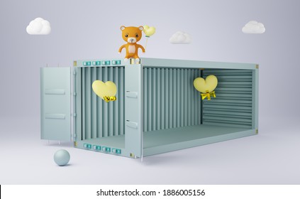 Shipping Container Empty With Yellow Heart Shapes And Teddy Bear In Gray Composition For Modern Stage Display And Minimalist Mockup, Valentine's Day Background. Concept 3d Illustration Or 3d Render