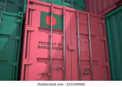 Shipping container with goods from Bangladesh and printed national flag. Production related 3D rendering