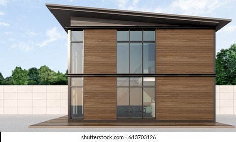 Shipping Container Homes With Wooden Wall , 3d Rendering