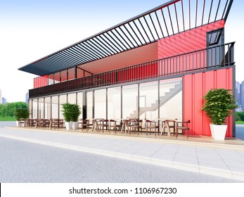 Shipping Container Restaurant With Red Color , 3d Rendering