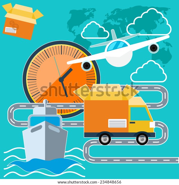 Shipping, delivery car, ship, plane\
transport on a background map of the world. Raster\
version