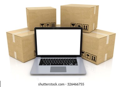 Shipping, Delivery And Logistics Technology Business Industrial Concept: Heap Of Stacked Corrugated Cardboard Package Boxes And Laptop With Blank Screen Isolated On White