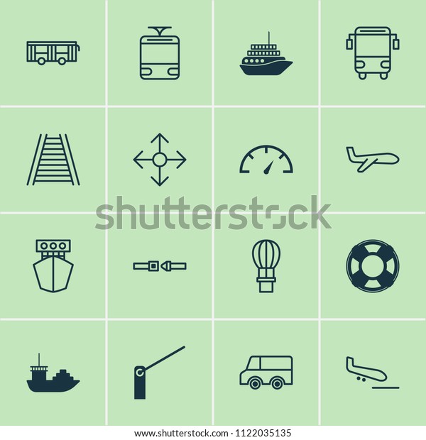 Shipping\
icons set with railway, tram, air balloon and other speed checker\
elements. Isolated  illustration shipping\
icons.