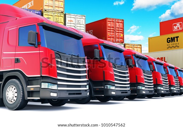 Shipping, logistics and delivery business\
commercial concept: 3D render illustration of the row of cargo\
trailer rucks at the sea port freight terminal with stacked color\
cargo\
containers
