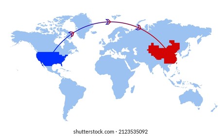 Shipping from USA to China Concept. United State and China Travel Line. Business, trade, and Aviation Concept
