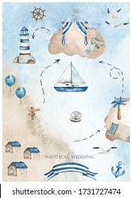 Ships, Lighthouse, Arch. Watercolor Nautical Wedding Hand Drawn Card