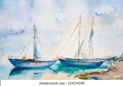 Ships In The Sea, Watercolor Painting