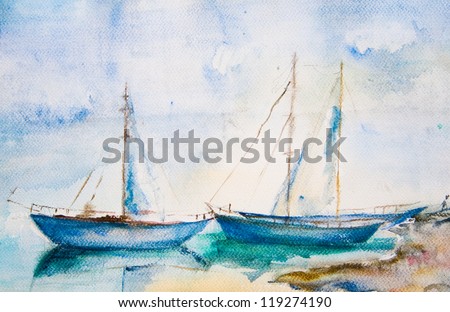 Ships in the sea, watercolor painting