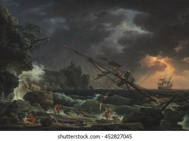 The Shipwreck, By Claude-Joseph Vernet, 1772, French Painting, Oil On Canvas. People Escape On A Life Line From A Storm Wrecked Ship On A Rocky Shore. Survivors On Shore Attempt To Retrieve Some Carg