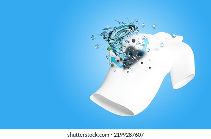 Shirt Show Washing With A Whirlpool, Vortex, Water Rotating On The Fabric Fiber Surface, 3d Advertising Illustration Clean With Washing Powder, Liquid Detergent, 3d Render, Isolated On Blue