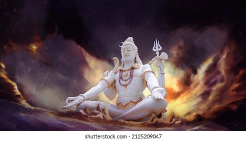 Shiv doing meditation painting, Lord Shiv with clouds and Sun Rays, God Mahadev 3d mural 3D illustration for Maha Shivratri