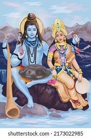 Shiva And Shakti. They Play Musical Instruments.