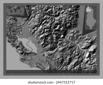 Shkoder, county of Albania. Bilevel elevation map with lakes and rivers. Corner auxiliary location maps