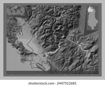 Shkoder, county of Albania. Grayscale elevation map with lakes and rivers. Corner auxiliary location maps