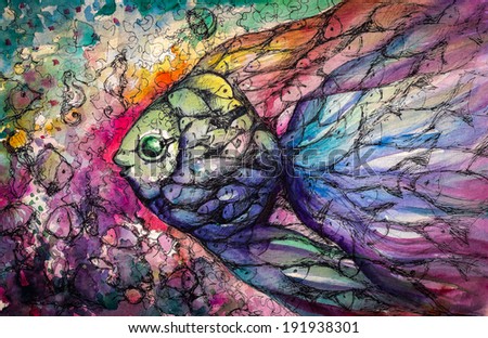 Shoal of fish on the coral reef.Picture created with watercolors.