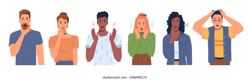 Shocked scared people faces set isolated flat cartoon portraits. man and woman in stress, panicked or terrified characters in horror. Multi ethnic adults in fear, nervous frightened persons