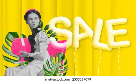 Shocked woman in vintage attire sitting with giant glass of wine and word sale against bright yellow background. Contemporary art collage. Concept of Black Friday, Cyber Monday, sales, shopping - Powered by Shutterstock