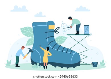 Shoe manufacturing, shoemaking and repair footwear illustration. Cartoon tiny shoemaker characters sew modern fashion boot with tailors needle and hammer, artisan handicraft shoes production - Powered by Shutterstock