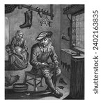 Shoemaker in his workshop, Pieter van den Berge, 1686 - 1696 A shoemaker is at work in his workshop. He repairs a shoe and smokes a pipe.