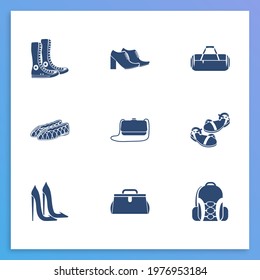 Shoes Icon Set And Clutch With Sandals, Jellies Shoes, Camping Bag. Heeled Shoes Related Shoes Icon For Web UI Logo Design.