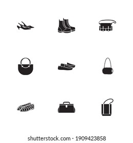 Shoes Icon Set And Muff Bag With Safari Bag, Dr Martens And Jellies Shoes. Fashionable Related Shoes Icon For Web UI Logo Design.