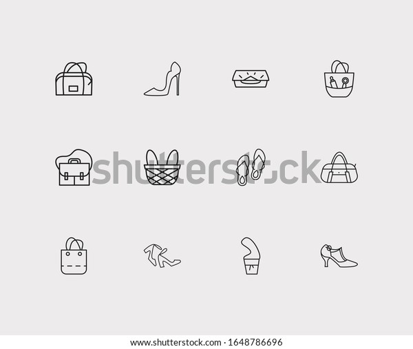 Shoes icons set. Flip-flops and shoes icons with\
satchel, ankle strap shoes and t-strap shoes. Set of apparel for\
web app logo UI\
design.