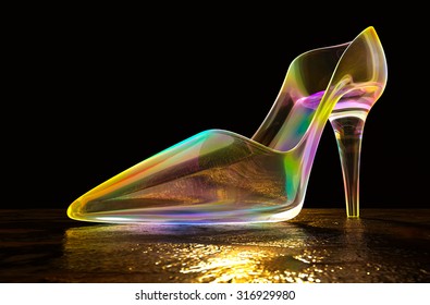 Shoes iridescent glass on the floor in the dark, 3d rendering.