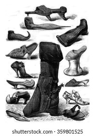 Shoes on display in the Historical Museum of Costume, in 1874, vintage engraved illustration. Magasin Pittoresque 1876.