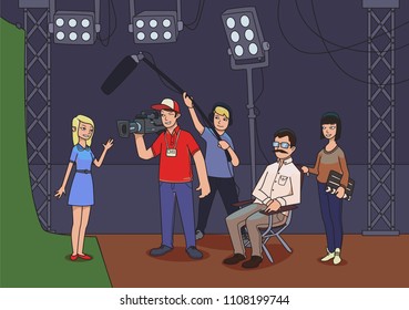 Shooting a movie or a TV show. A director, cameramen and an actress or model. Illustration. Raster version.