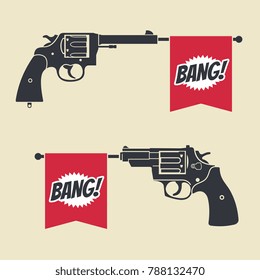 Shooting Toy Gun Pistol With Bang Flag Icon. Weapon Pistol Toy Illustration