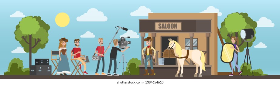 Shooting Western Movie Using Camera, Lights, Microphones And Other Equipment. Making Film Concept. Scene With Brave Cowboy At The Seloon.  Flat Illustration