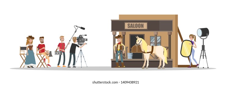 Shooting Western Movie Using Camera, Lights, Microphones And Other Equipment. Making Film Concept. Scene With Brave Cowboy At The Saloon.  Flat Illustration