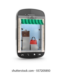 Shop Bags And Clothing Accessories In The Mobile Phone. The Concept Of An Online Store. 3D Illustration