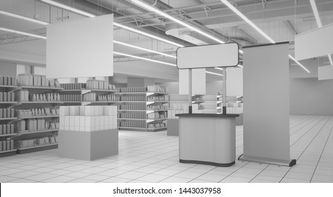 Shop Interior With Box Products. POS Promotional Stand In Supermarket. 3D Rendering