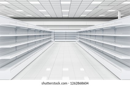 Shop Interior With Empty Shelves. 3d Illustration