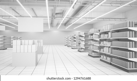 Shop Interior With Shelves and Banner. 3D render