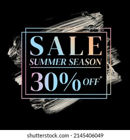 shop now sale summer season deals sign holographic gradient over art white brush strokes acrylic paint black background illustration