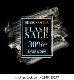 shop now season offer flash sale 30% off sign holographic gradient over art white brush strokes acrylic paint black background illustration