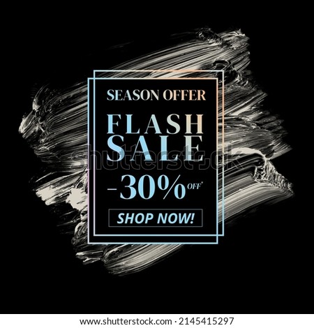 shop now season offer flash sale 30% off sign holographic gradient over art white brush strokes acrylic paint on black background illustration 商業照片 © 