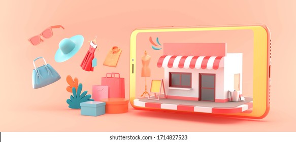 The Shop Online Is Surrounded By Shopping Bags And Clothes On A Pink Background.-3d Rendering.
