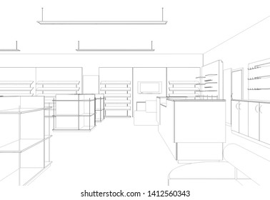 Shop, Store, Contour Visualization, 3D Illustration, Sketch, Outline