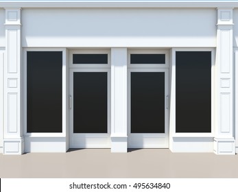 Shopfront with large windows. White classic store facade 3D render