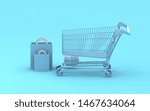 Shoping cart 3d render. Blue  background. Modern store. Blue shoping cart. Online shoping. Sale. Buying and selling concept.
