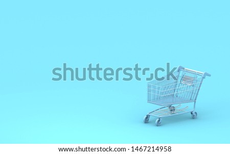 Shoping cart 3d render. Blue  background. Modern store. Blue shoping cart. Online shoping. Sale. Buying and selling concept.