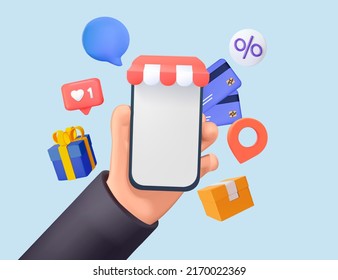 Shopping Application Mockup. Web Site Mockup With Shop 3D Icons Present, Buy, Credit Cards, Pin. Digital Marketing Illustration 3D Phone With Like And Sale. Online Shopping, Man Or Woman Smartphone