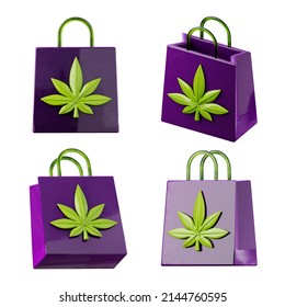 Shopping bag with cannabis leaf 3D icon. Medical marijuana, recreational weed, online shop concept high quality illustration.